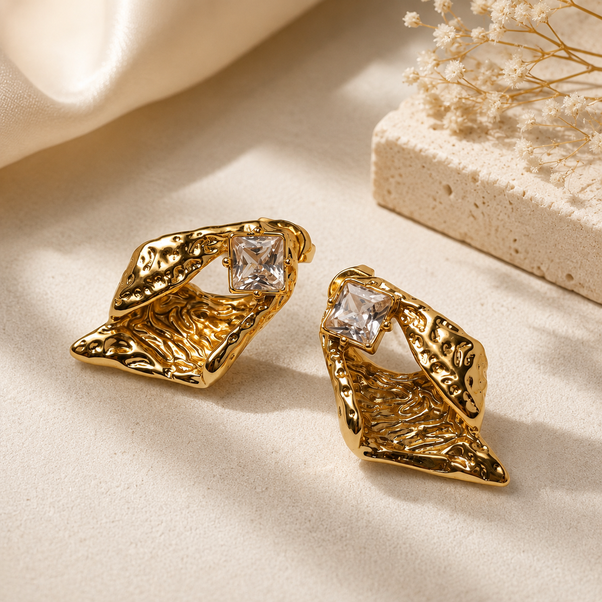 Golden Grace – Anti-Tarnish Sculptural Crystal Earrings